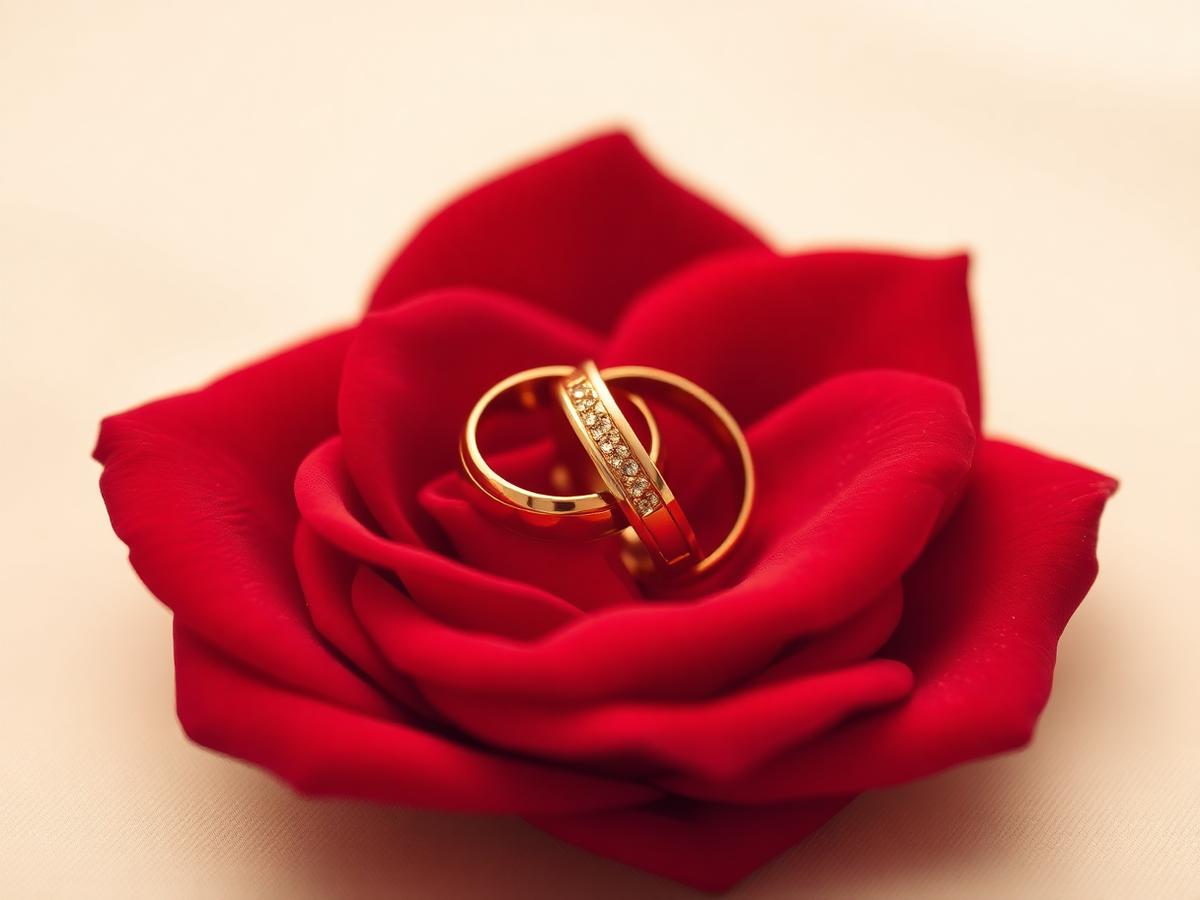 Gold wedding rings on a red rose